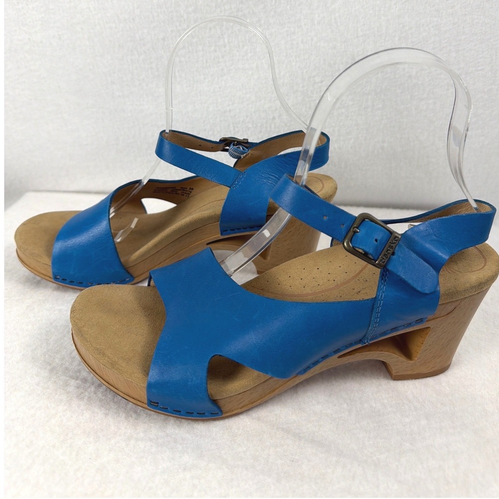 Dansko Womens Tasha Turquoise Blue Leather Ankle Strap Wedge Sandals Size 39